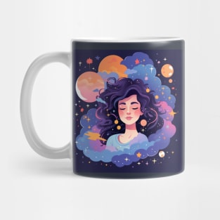 Woman with sweet dreams concept Young girl with galaxy and universe at hairs Mug